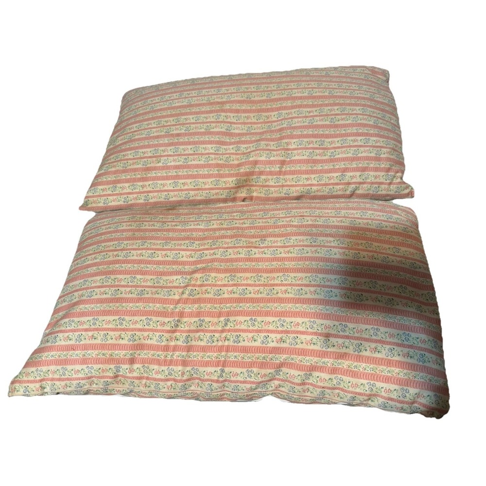 Vintage Feather Down Pillows Pink Flower Stripe Ticking 23" X 14" Set of 2